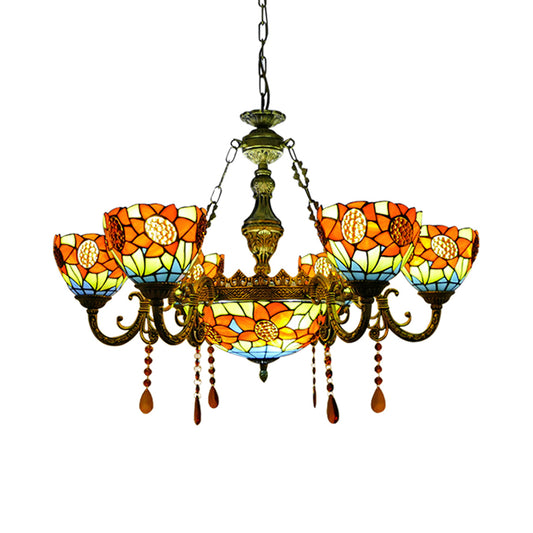 Tiffany Ornate Chandelier Sunflower Stained Glass Pendant Light with Crystal in Yellow for Hotel 7 Yellow Clearhalo 'Ceiling Lights' 'Chandeliers' 'Industrial' 'Middle Century Chandeliers' 'Tiffany Chandeliers' 'Tiffany close to ceiling' 'Tiffany' Lighting' 67140