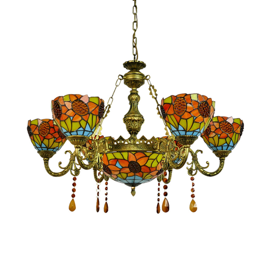 Tiffany Ornate Chandelier Sunflower Stained Glass Pendant Light with Crystal in Yellow for Hotel Clearhalo 'Ceiling Lights' 'Chandeliers' 'Industrial' 'Middle Century Chandeliers' 'Tiffany Chandeliers' 'Tiffany close to ceiling' 'Tiffany' Lighting' 67141