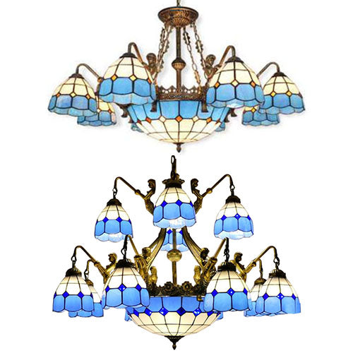 9/13 Lights Ceiling Light Tiffany Grid Patterned Cut Glass Hanging Chandelier in Blue Clearhalo 'Ceiling Lights' 'Chandeliers' 'Close To Ceiling Lights' 'Industrial' 'Middle Century Chandeliers' 'Tiffany Chandeliers' 'Tiffany close to ceiling' 'Tiffany' Lighting' 67145
