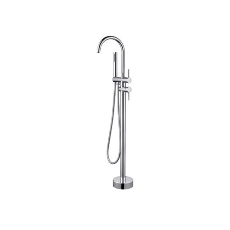 Floor Mounted Metal Freestanding Tub Filler 1 Handle Freestanding Bathtub Faucet Silver Curved Hand Shower Included Clearhalo 'Bathroom Remodel & Bathroom Fixtures' 'Bathtub Faucets' 'bathtub_faucets' 'Home Improvement' 'home_improvement' 'home_improvement_bathtub_faucets' 6714519