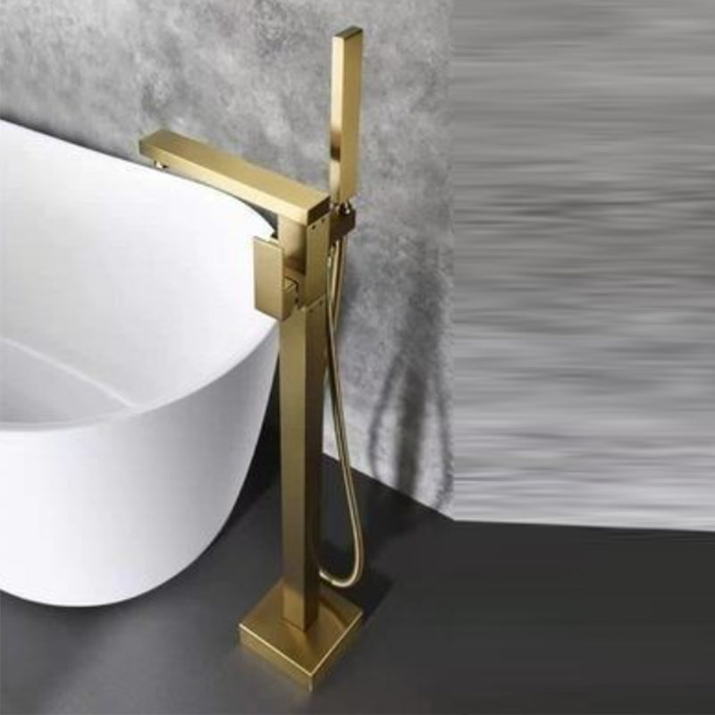 Floor Mounted Metal Freestanding Tub Filler 1 Handle Freestanding Bathtub Faucet Gold Flat Hand Shower Included Clearhalo 'Bathroom Remodel & Bathroom Fixtures' 'Bathtub Faucets' 'bathtub_faucets' 'Home Improvement' 'home_improvement' 'home_improvement_bathtub_faucets' 6714520