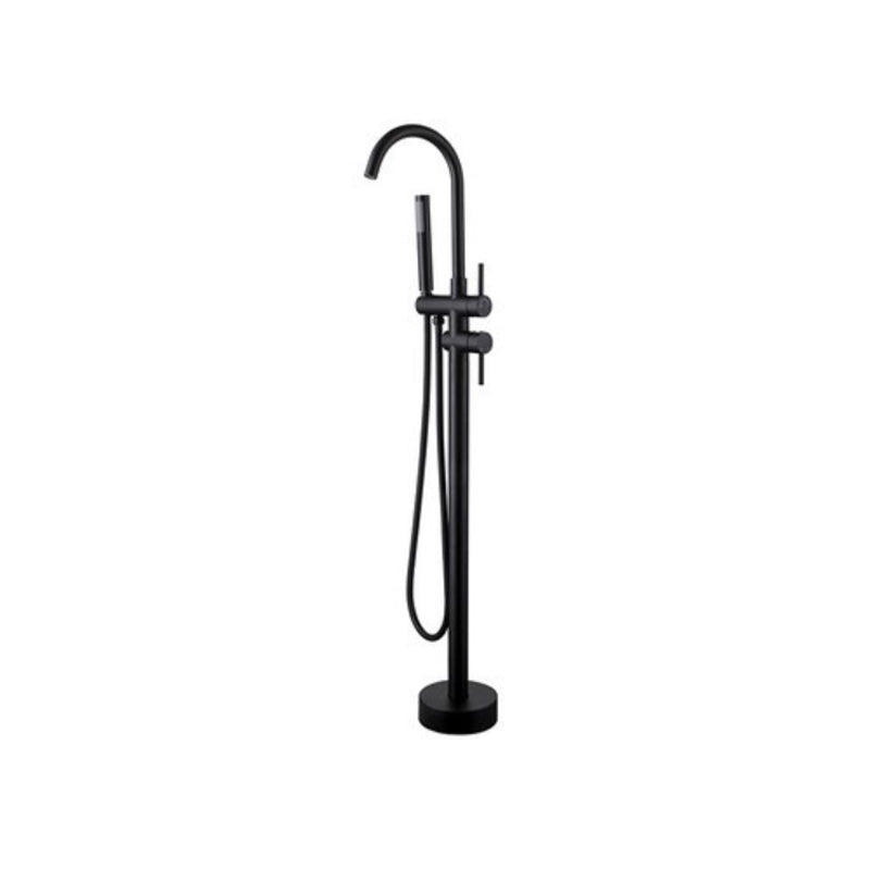 Floor Mounted Metal Freestanding Tub Filler 1 Handle Freestanding Bathtub Faucet Black Curved Hand Shower Included Clearhalo 'Bathroom Remodel & Bathroom Fixtures' 'Bathtub Faucets' 'bathtub_faucets' 'Home Improvement' 'home_improvement' 'home_improvement_bathtub_faucets' 6714521