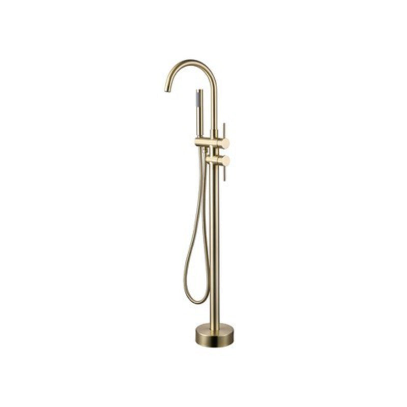 Floor Mounted Metal Freestanding Tub Filler 1 Handle Freestanding Bathtub Faucet Gold Curved Hand Shower Included Clearhalo 'Bathroom Remodel & Bathroom Fixtures' 'Bathtub Faucets' 'bathtub_faucets' 'Home Improvement' 'home_improvement' 'home_improvement_bathtub_faucets' 6714523