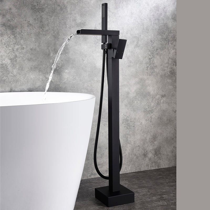 Modern Floor Mounted Copper Freestanding Tub Filler Freestanding Low Arc Tub Filler Trim Black Waterfall Comes Out Rre-embedded Clearhalo 'Bathroom Remodel & Bathroom Fixtures' 'Bathtub Faucets' 'bathtub_faucets' 'Home Improvement' 'home_improvement' 'home_improvement_bathtub_faucets' 6714545