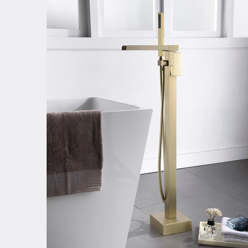 Modern Floor Mounted Copper Freestanding Tub Filler Freestanding Low Arc Tub Filler Trim Gold Waterfall Comes Out Rre-embedded Clearhalo 'Bathroom Remodel & Bathroom Fixtures' 'Bathtub Faucets' 'bathtub_faucets' 'Home Improvement' 'home_improvement' 'home_improvement_bathtub_faucets' 6714560