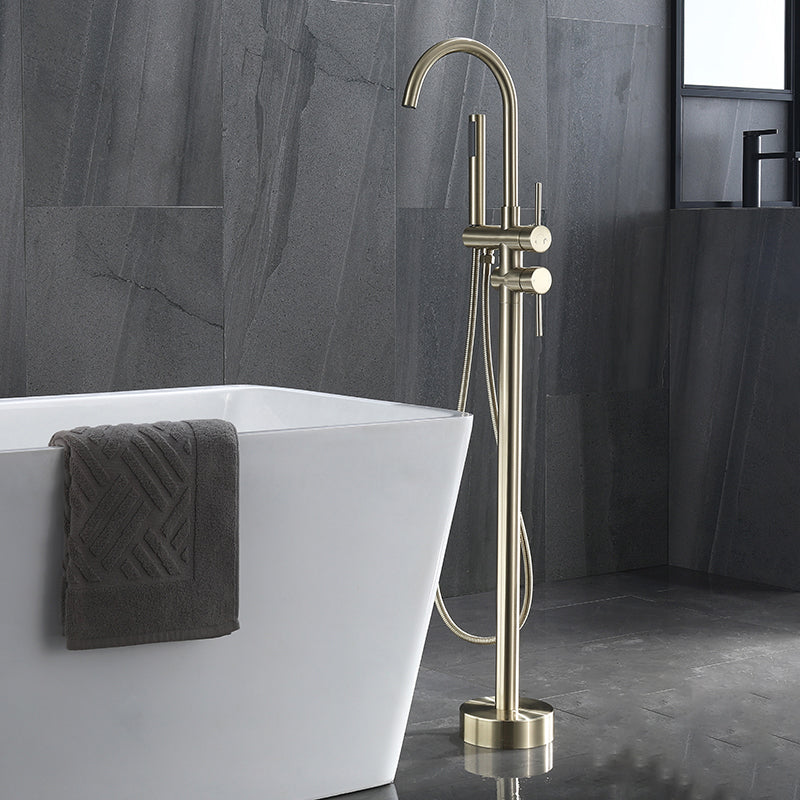 Modern Floor Mounted Copper Freestanding Tub Filler Freestanding Low Arc Tub Filler Trim Gold Elbow Outlet Ground Clearhalo 'Bathroom Remodel & Bathroom Fixtures' 'Bathtub Faucets' 'bathtub_faucets' 'Home Improvement' 'home_improvement' 'home_improvement_bathtub_faucets' 6714566