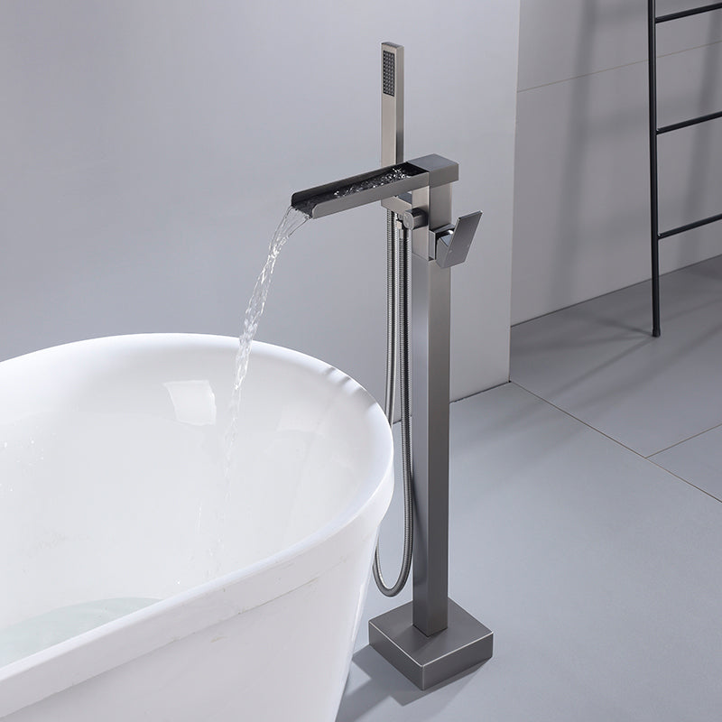 Modern Floor Mounted Copper Freestanding Tub Filler Freestanding Low Arc Tub Filler Trim Gun Grey Waterfall Comes Out Rre-embedded Clearhalo 'Bathroom Remodel & Bathroom Fixtures' 'Bathtub Faucets' 'bathtub_faucets' 'Home Improvement' 'home_improvement' 'home_improvement_bathtub_faucets' 6714577