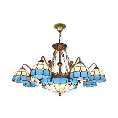 9/13 Lights Ceiling Light Tiffany Grid Patterned Cut Glass Hanging Chandelier in Blue 9 Blue Clearhalo 'Ceiling Lights' 'Chandeliers' 'Close To Ceiling Lights' 'Industrial' 'Middle Century Chandeliers' 'Tiffany Chandeliers' 'Tiffany close to ceiling' 'Tiffany' Lighting' 67146
