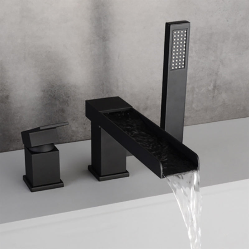 Modern Deck Mounted Copper Roman Tub Faucet Low Arc Tub Faucet Set Black Flat 3 Hole Faucets Clearhalo 'Bathroom Remodel & Bathroom Fixtures' 'Bathtub Faucets' 'bathtub_faucets' 'Home Improvement' 'home_improvement' 'home_improvement_bathtub_faucets' 6714613