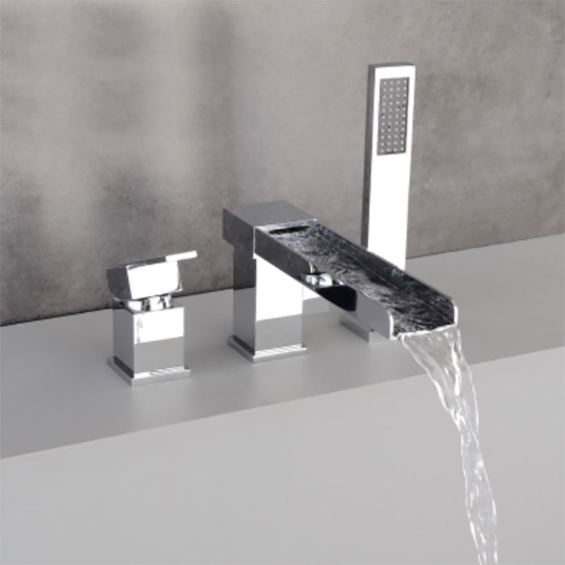 Modern Deck Mounted Copper Roman Tub Faucet Low Arc Tub Faucet Set Silver Flat 3 Hole Faucets Clearhalo 'Bathroom Remodel & Bathroom Fixtures' 'Bathtub Faucets' 'bathtub_faucets' 'Home Improvement' 'home_improvement' 'home_improvement_bathtub_faucets' 6714615