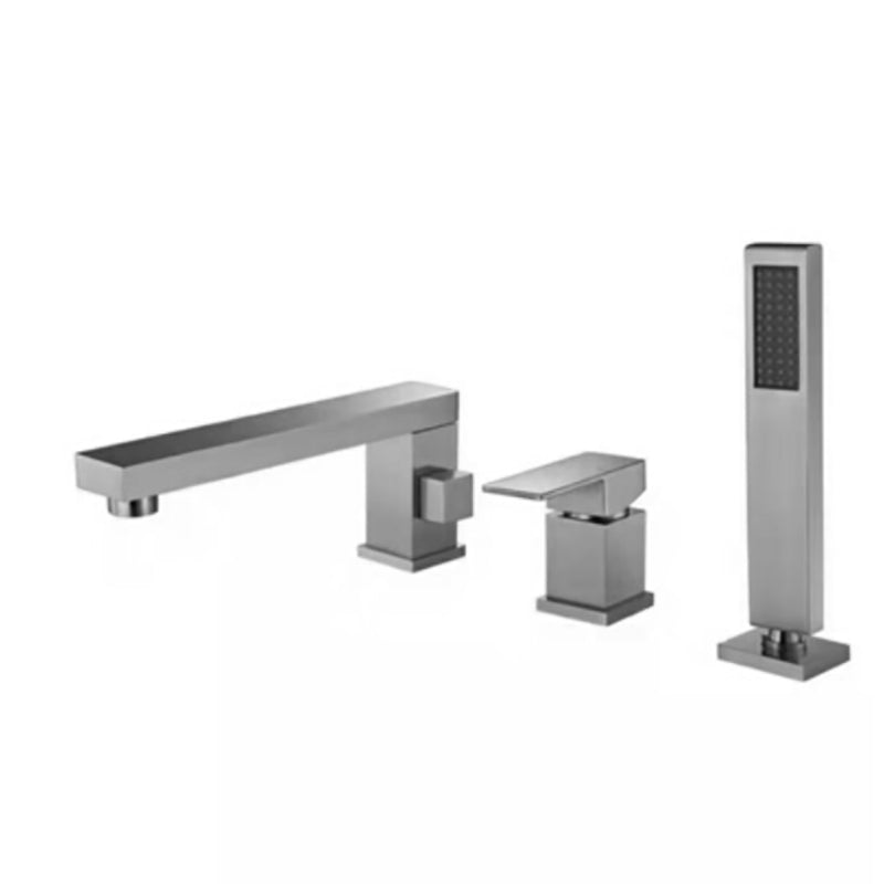 Modern Deck Mounted Copper Roman Tub Faucet Low Arc Tub Faucet Set Gun Grey Square Rectangle 3 Hole Faucets Clearhalo 'Bathroom Remodel & Bathroom Fixtures' 'Bathtub Faucets' 'bathtub_faucets' 'Home Improvement' 'home_improvement' 'home_improvement_bathtub_faucets' 6714617