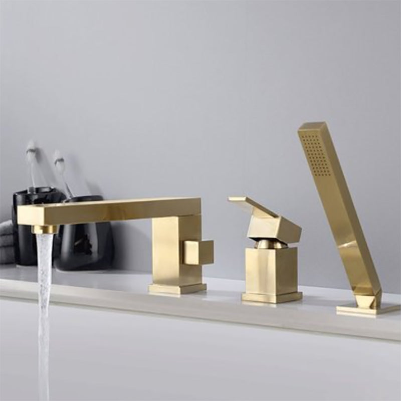 Modern Deck Mounted Copper Roman Tub Faucet Low Arc Tub Faucet Set Gold Square/ Rectangle 3 Hole Faucets Clearhalo 'Bathroom Remodel & Bathroom Fixtures' 'Bathtub Faucets' 'bathtub_faucets' 'Home Improvement' 'home_improvement' 'home_improvement_bathtub_faucets' 6714620