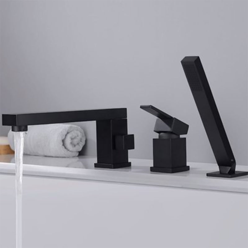 Modern Deck Mounted Copper Roman Tub Faucet Low Arc Tub Faucet Set Black Square Rectangle 3 Hole Faucets Clearhalo 'Bathroom Remodel & Bathroom Fixtures' 'Bathtub Faucets' 'bathtub_faucets' 'Home Improvement' 'home_improvement' 'home_improvement_bathtub_faucets' 6714621