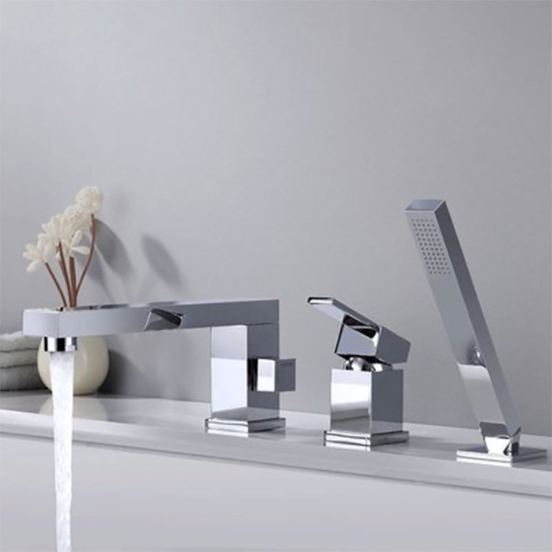 Modern Deck Mounted Copper Roman Tub Faucet Low Arc Tub Faucet Set Silver Square Rectangle 3 Hole Faucets Clearhalo 'Bathroom Remodel & Bathroom Fixtures' 'Bathtub Faucets' 'bathtub_faucets' 'Home Improvement' 'home_improvement' 'home_improvement_bathtub_faucets' 6714624