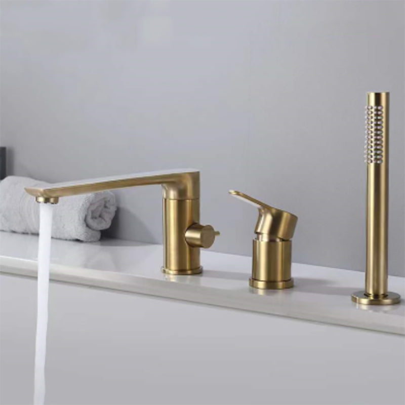 Modern Deck Mounted Copper Roman Tub Faucet Low Arc Tub Faucet Set Gold Round 3 Hole Faucets Clearhalo 'Bathroom Remodel & Bathroom Fixtures' 'Bathtub Faucets' 'bathtub_faucets' 'Home Improvement' 'home_improvement' 'home_improvement_bathtub_faucets' 6714627