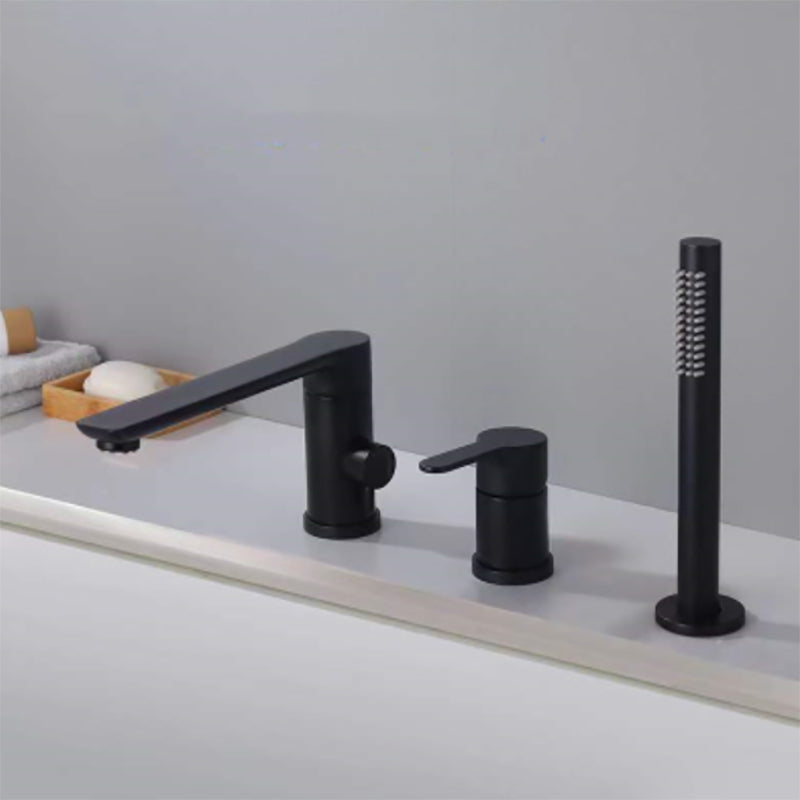 Modern Deck Mounted Copper Roman Tub Faucet Low Arc Tub Faucet Set Black Round 3 Hole Faucets Clearhalo 'Bathroom Remodel & Bathroom Fixtures' 'Bathtub Faucets' 'bathtub_faucets' 'Home Improvement' 'home_improvement' 'home_improvement_bathtub_faucets' 6714630
