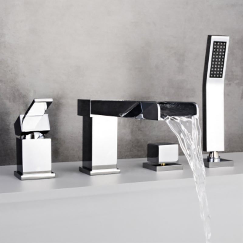 Modern Deck Mounted Copper Roman Tub Faucet Low Arc Tub Faucet Set Silver Flat 4 Hole Faucets Clearhalo 'Bathroom Remodel & Bathroom Fixtures' 'Bathtub Faucets' 'bathtub_faucets' 'Home Improvement' 'home_improvement' 'home_improvement_bathtub_faucets' 6714635