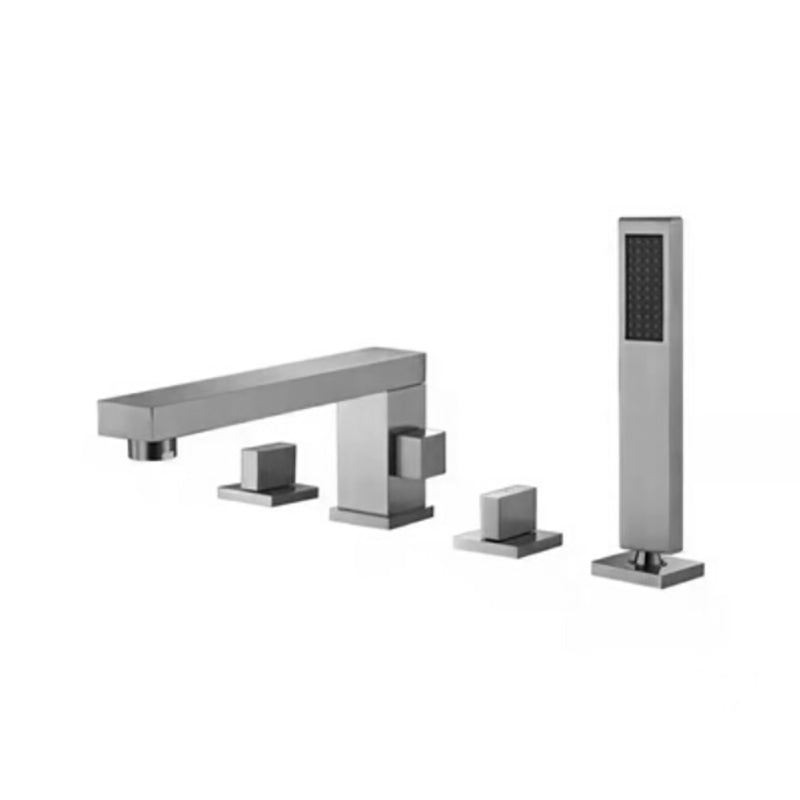 Modern Deck Mounted Copper Roman Tub Faucet Low Arc Tub Faucet Set Gun Grey Square Rectangle 4 Hole Faucets Clearhalo 'Bathroom Remodel & Bathroom Fixtures' 'Bathtub Faucets' 'bathtub_faucets' 'Home Improvement' 'home_improvement' 'home_improvement_bathtub_faucets' 6714636