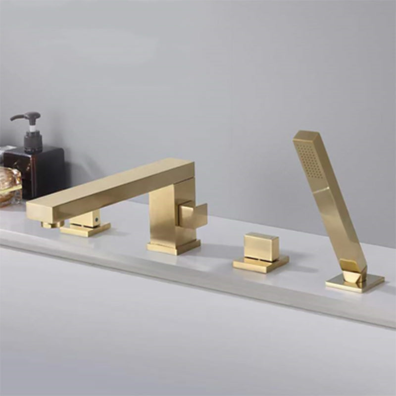 Modern Deck Mounted Copper Roman Tub Faucet Low Arc Tub Faucet Set Gold Square/ Rectangle 4 Hole Faucets Clearhalo 'Bathroom Remodel & Bathroom Fixtures' 'Bathtub Faucets' 'bathtub_faucets' 'Home Improvement' 'home_improvement' 'home_improvement_bathtub_faucets' 6714637