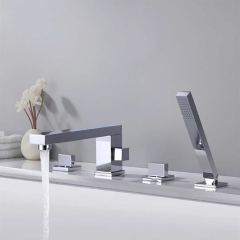Modern Deck Mounted Copper Roman Tub Faucet Low Arc Tub Faucet Set Silver Square Rectangle 4 Hole Faucets Clearhalo 'Bathroom Remodel & Bathroom Fixtures' 'Bathtub Faucets' 'bathtub_faucets' 'Home Improvement' 'home_improvement' 'home_improvement_bathtub_faucets' 6714639