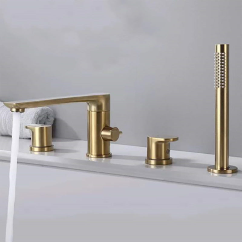 Modern Deck Mounted Copper Roman Tub Faucet Low Arc Tub Faucet Set Gold Round 4 Hole Faucets Clearhalo 'Bathroom Remodel & Bathroom Fixtures' 'Bathtub Faucets' 'bathtub_faucets' 'Home Improvement' 'home_improvement' 'home_improvement_bathtub_faucets' 6714641