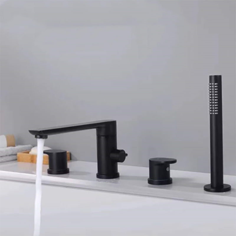 Modern Deck Mounted Copper Roman Tub Faucet Low Arc Tub Faucet Set Black Round 4 Hole Faucets Clearhalo 'Bathroom Remodel & Bathroom Fixtures' 'Bathtub Faucets' 'bathtub_faucets' 'Home Improvement' 'home_improvement' 'home_improvement_bathtub_faucets' 6714642