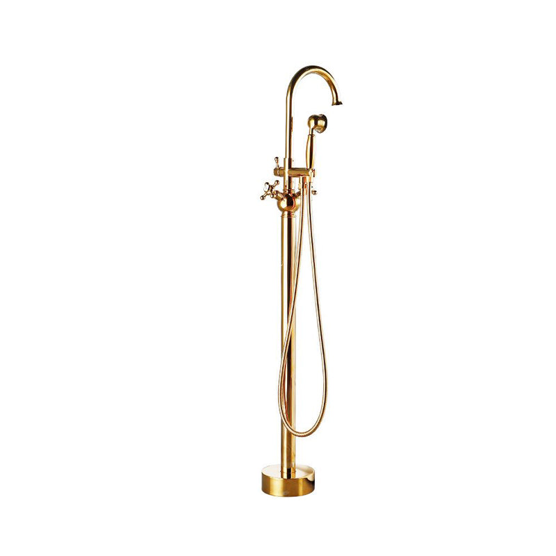 Traditional Floor Mounted Metal Freestanding Tub Filler High Arc Freestanding Faucet Gold Knob Handles Hand Shower Included Clearhalo 'Bathroom Remodel & Bathroom Fixtures' 'Bathtub Faucets' 'bathtub_faucets' 'Home Improvement' 'home_improvement' 'home_improvement_bathtub_faucets' 6714687