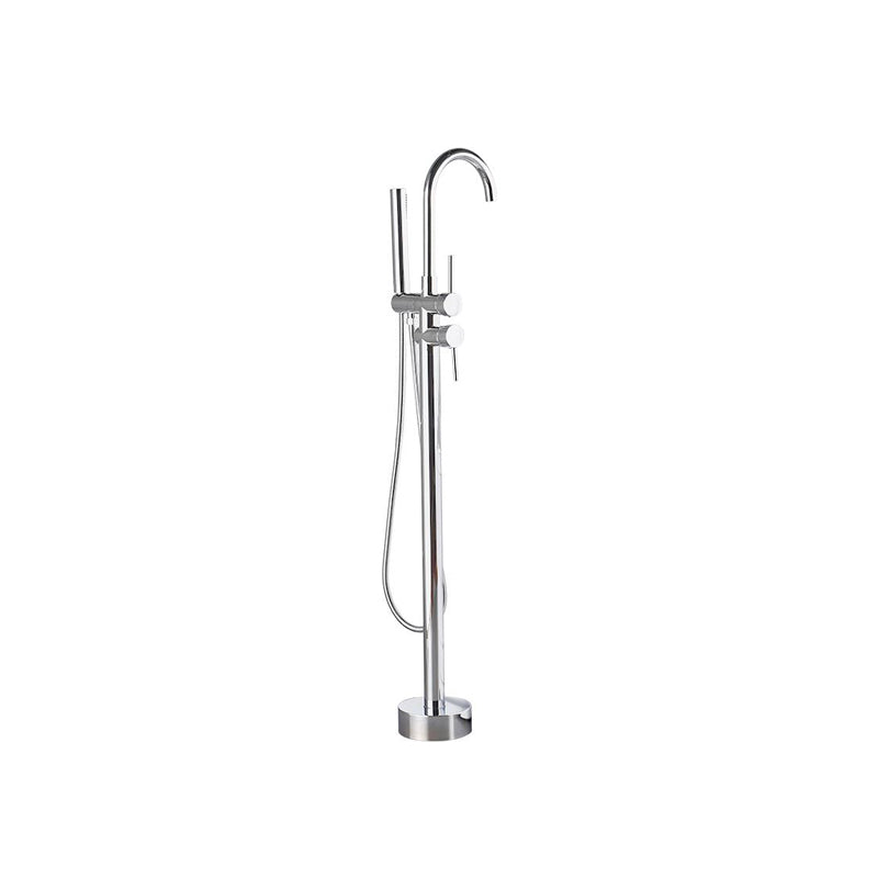 Traditional Floor Mounted Metal Freestanding Tub Filler High Arc Freestanding Faucet Silver 2 Handle Faucets Hand Shower Included Clearhalo 'Bathroom Remodel & Bathroom Fixtures' 'Bathtub Faucets' 'bathtub_faucets' 'Home Improvement' 'home_improvement' 'home_improvement_bathtub_faucets' 6714691