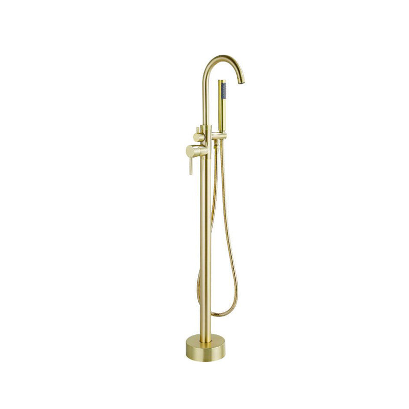 Traditional Floor Mounted Metal Freestanding Tub Filler High Arc Freestanding Faucet Light Gold 1 Handle Faucets Hand Shower Included Clearhalo 'Bathroom Remodel & Bathroom Fixtures' 'Bathtub Faucets' 'bathtub_faucets' 'Home Improvement' 'home_improvement' 'home_improvement_bathtub_faucets' 6714694