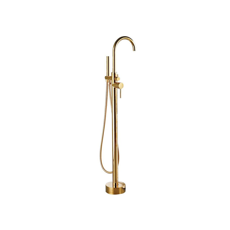 Traditional Floor Mounted Metal Freestanding Tub Filler High Arc Freestanding Faucet Gold 1 Handle Faucets Hand Shower Included Clearhalo 'Bathroom Remodel & Bathroom Fixtures' 'Bathtub Faucets' 'bathtub_faucets' 'Home Improvement' 'home_improvement' 'home_improvement_bathtub_faucets' 6714700