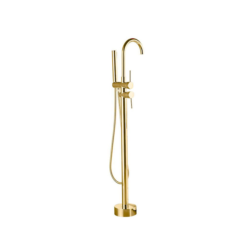 Traditional Floor Mounted Metal Freestanding Tub Filler High Arc Freestanding Faucet Gold 2 Handle Faucets Hand Shower Included Clearhalo 'Bathroom Remodel & Bathroom Fixtures' 'Bathtub Faucets' 'bathtub_faucets' 'Home Improvement' 'home_improvement' 'home_improvement_bathtub_faucets' 6714701