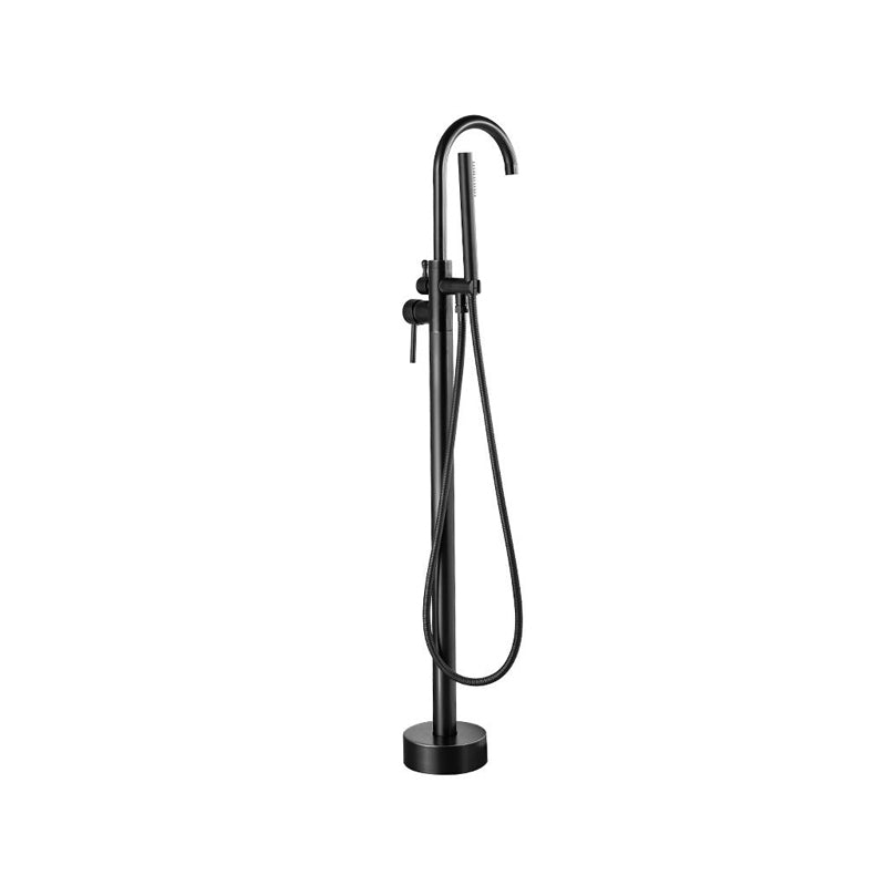 Traditional Floor Mounted Metal Freestanding Tub Filler High Arc Freestanding Faucet Black 1 Handle Faucets Hand Shower Included Clearhalo 'Bathroom Remodel & Bathroom Fixtures' 'Bathtub Faucets' 'bathtub_faucets' 'Home Improvement' 'home_improvement' 'home_improvement_bathtub_faucets' 6714702