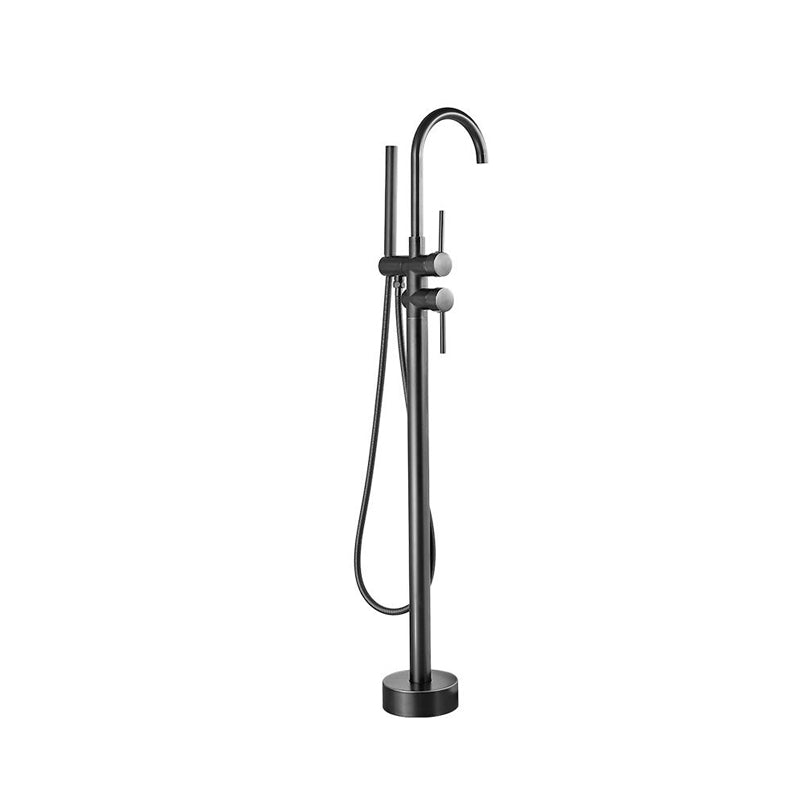 Traditional Floor Mounted Metal Freestanding Tub Filler High Arc Freestanding Faucet Black 2 Handle Faucets Hand Shower Included Clearhalo 'Bathroom Remodel & Bathroom Fixtures' 'Bathtub Faucets' 'bathtub_faucets' 'Home Improvement' 'home_improvement' 'home_improvement_bathtub_faucets' 6714703