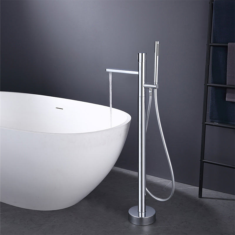 Floor Mounted Metal Freestanding Tub Filler Swivel Nickel Freestanding Faucet Chrome Hand Shower Included Rre-embedded Clearhalo 'Bathroom Remodel & Bathroom Fixtures' 'Bathtub Faucets' 'bathtub_faucets' 'Home Improvement' 'home_improvement' 'home_improvement_bathtub_faucets' 6714717