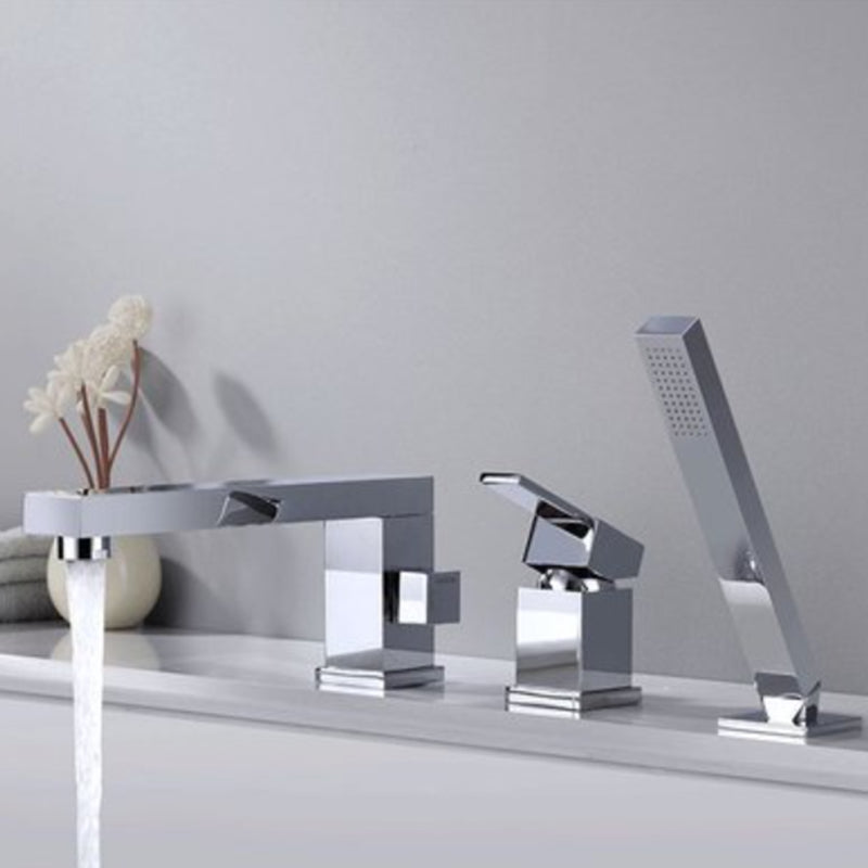 Deck Mounted Copper Roman Tub Faucet Low Arc Bathroom Tub Faucet Set Chrome Square Rectangle 3 Hole Faucets Clearhalo 'Bathroom Remodel & Bathroom Fixtures' 'Bathtub Faucets' 'bathtub_faucets' 'Home Improvement' 'home_improvement' 'home_improvement_bathtub_faucets' 6714749
