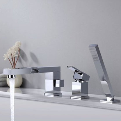 Deck Mounted Copper Roman Tub Faucet Low Arc Bathroom Tub Faucet Set Chrome Square Rectangle 3 Hole Faucets Clearhalo 'Bathroom Remodel & Bathroom Fixtures' 'Bathtub Faucets' 'bathtub_faucets' 'Home Improvement' 'home_improvement' 'home_improvement_bathtub_faucets' 6714749
