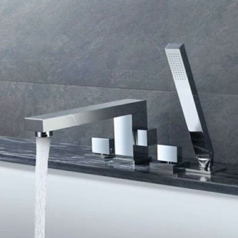 Deck Mounted Copper Roman Tub Faucet Low Arc Bathroom Tub Faucet Set Chrome Square/ Rectangle 4 Hole Faucets Clearhalo 'Bathroom Remodel & Bathroom Fixtures' 'Bathtub Faucets' 'bathtub_faucets' 'Home Improvement' 'home_improvement' 'home_improvement_bathtub_faucets' 6714751