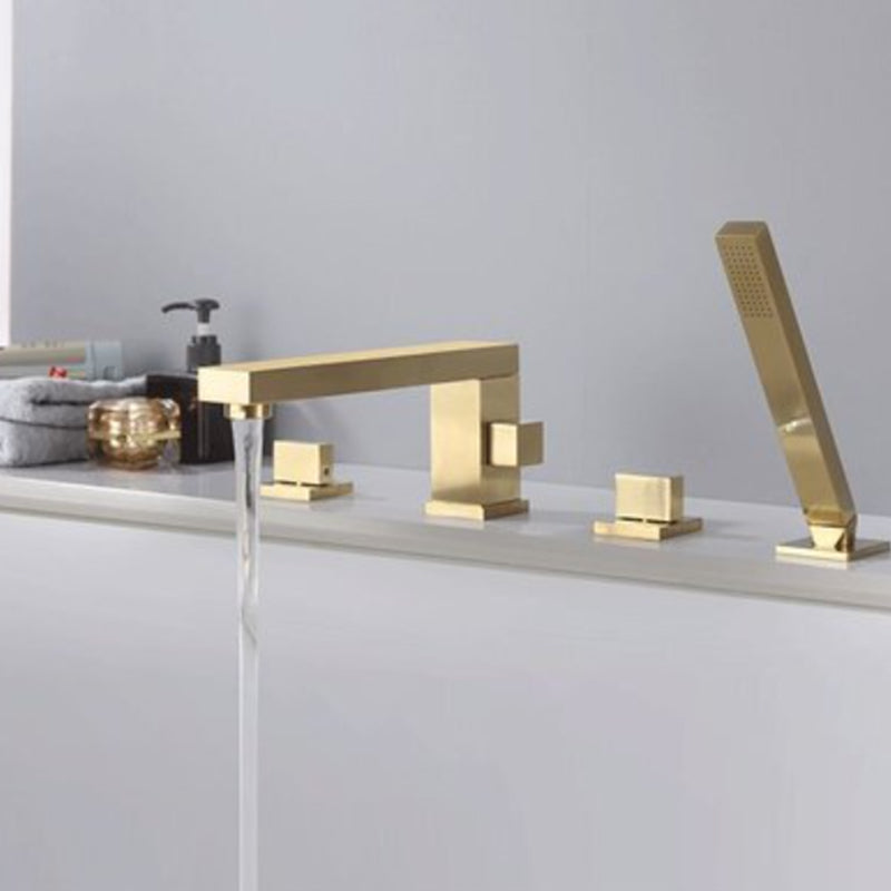 Deck Mounted Copper Roman Tub Faucet Low Arc Bathroom Tub Faucet Set Gold Square Rectangle 4 Hole Faucets Clearhalo 'Bathroom Remodel & Bathroom Fixtures' 'Bathtub Faucets' 'bathtub_faucets' 'Home Improvement' 'home_improvement' 'home_improvement_bathtub_faucets' 6714752