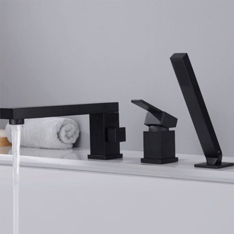 Deck Mounted Copper Roman Tub Faucet Low Arc Bathroom Tub Faucet Set Black Square Rectangle 3 Hole Faucets Clearhalo 'Bathroom Remodel & Bathroom Fixtures' 'Bathtub Faucets' 'bathtub_faucets' 'Home Improvement' 'home_improvement' 'home_improvement_bathtub_faucets' 6714753