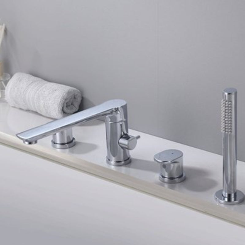 Deck Mounted Copper Roman Tub Faucet Low Arc Bathroom Tub Faucet Set Chrome Round 4 Hole Faucets Clearhalo 'Bathroom Remodel & Bathroom Fixtures' 'Bathtub Faucets' 'bathtub_faucets' 'Home Improvement' 'home_improvement' 'home_improvement_bathtub_faucets' 6714754