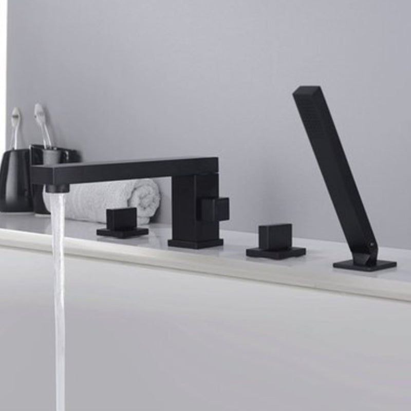Deck Mounted Copper Roman Tub Faucet Low Arc Bathroom Tub Faucet Set Black Square Rectangle 4 Hole Faucets Clearhalo 'Bathroom Remodel & Bathroom Fixtures' 'Bathtub Faucets' 'bathtub_faucets' 'Home Improvement' 'home_improvement' 'home_improvement_bathtub_faucets' 6714755