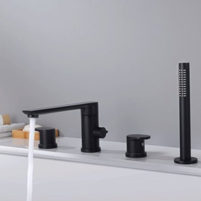 Deck Mounted Copper Roman Tub Faucet Low Arc Bathroom Tub Faucet Set Black Round 4 Hole Faucets Clearhalo 'Bathroom Remodel & Bathroom Fixtures' 'Bathtub Faucets' 'bathtub_faucets' 'Home Improvement' 'home_improvement' 'home_improvement_bathtub_faucets' 6714758