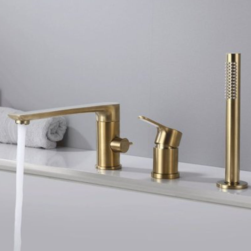 Deck Mounted Copper Roman Tub Faucet Low Arc Bathroom Tub Faucet Set Gold Round 3 Hole Faucets Clearhalo 'Bathroom Remodel & Bathroom Fixtures' 'Bathtub Faucets' 'bathtub_faucets' 'Home Improvement' 'home_improvement' 'home_improvement_bathtub_faucets' 6714759