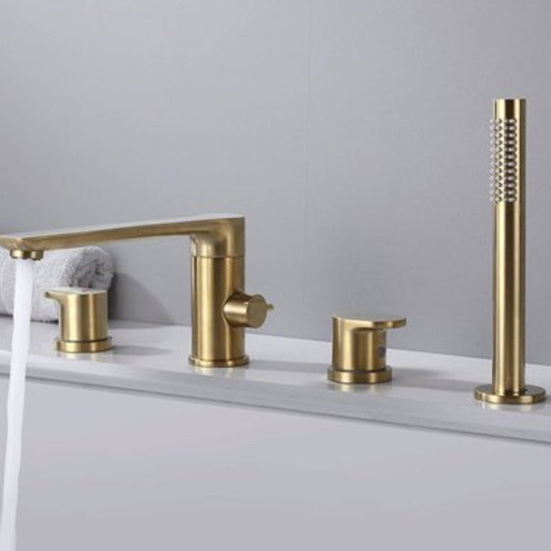 Deck Mounted Copper Roman Tub Faucet Low Arc Bathroom Tub Faucet Set Gold Round 4 Hole Faucets Clearhalo 'Bathroom Remodel & Bathroom Fixtures' 'Bathtub Faucets' 'bathtub_faucets' 'Home Improvement' 'home_improvement' 'home_improvement_bathtub_faucets' 6714761