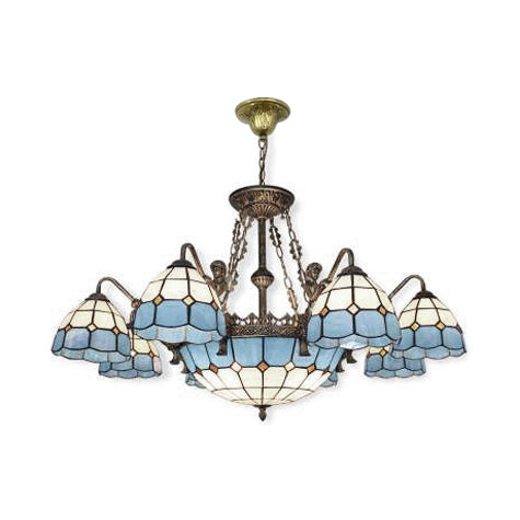 9/13 Lights Ceiling Light Tiffany Grid Patterned Cut Glass Hanging Chandelier in Blue Clearhalo 'Ceiling Lights' 'Chandeliers' 'Close To Ceiling Lights' 'Industrial' 'Middle Century Chandeliers' 'Tiffany Chandeliers' 'Tiffany close to ceiling' 'Tiffany' Lighting' 67147
