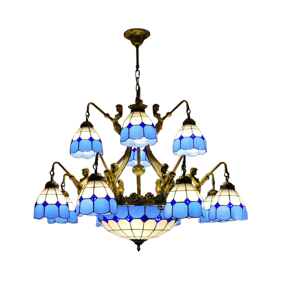 9/13 Lights Ceiling Light Tiffany Grid Patterned Cut Glass Hanging Chandelier in Blue 13 Blue Clearhalo 'Ceiling Lights' 'Chandeliers' 'Close To Ceiling Lights' 'Industrial' 'Middle Century Chandeliers' 'Tiffany Chandeliers' 'Tiffany close to ceiling' 'Tiffany' Lighting' 67148