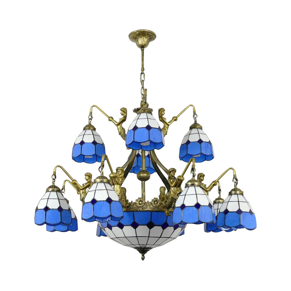 9/13 Lights Ceiling Light Tiffany Grid Patterned Cut Glass Hanging Chandelier in Blue Clearhalo 'Ceiling Lights' 'Chandeliers' 'Close To Ceiling Lights' 'Industrial' 'Middle Century Chandeliers' 'Tiffany Chandeliers' 'Tiffany close to ceiling' 'Tiffany' Lighting' 67149