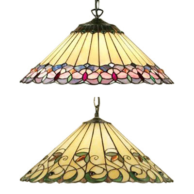 Baroque Conical Down Lighting 1 Head Pink/Green Stained Art Glass Suspended Pendant Light Clearhalo 'Ceiling Lights' 'Chandeliers' 'Industrial' 'Middle Century Pendants' 'Pendant Lights' 'Pendants' 'Tiffany close to ceiling' 'Tiffany Pendants' 'Tiffany' Lighting' 67152