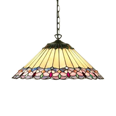 Baroque Conical Down Lighting 1 Head Pink/Green Stained Art Glass Suspended Pendant Light Clearhalo 'Ceiling Lights' 'Chandeliers' 'Industrial' 'Middle Century Pendants' 'Pendant Lights' 'Pendants' 'Tiffany close to ceiling' 'Tiffany Pendants' 'Tiffany' Lighting' 67153