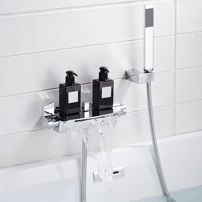 Wall Mounted Metal Tub Filler Low Arc Freestanding Bathtub Faucet Silver Hand Shower Included Risers Not Included Clearhalo 'Bathroom Remodel & Bathroom Fixtures' 'Bathtub Faucets' 'bathtub_faucets' 'Home Improvement' 'home_improvement' 'home_improvement_bathtub_faucets' 6715910